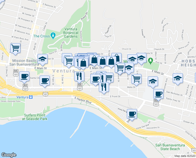 map of restaurants, bars, coffee shops, grocery stores, and more near 793 East Santa Clara Street in Ventura
