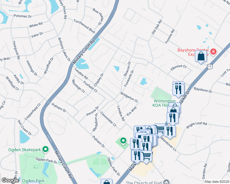 map of restaurants, bars, coffee shops, grocery stores, and more near 406 Westridge Court in Wilmington