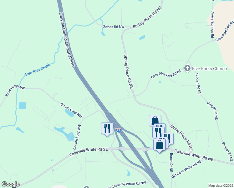 map of restaurants, bars, coffee shops, grocery stores, and more near 101 Cass Pine Log Road Northeast in Cartersville