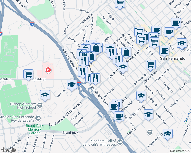 map of restaurants, bars, coffee shops, grocery stores, and more near 14642 Kalisher Street in San Fernando