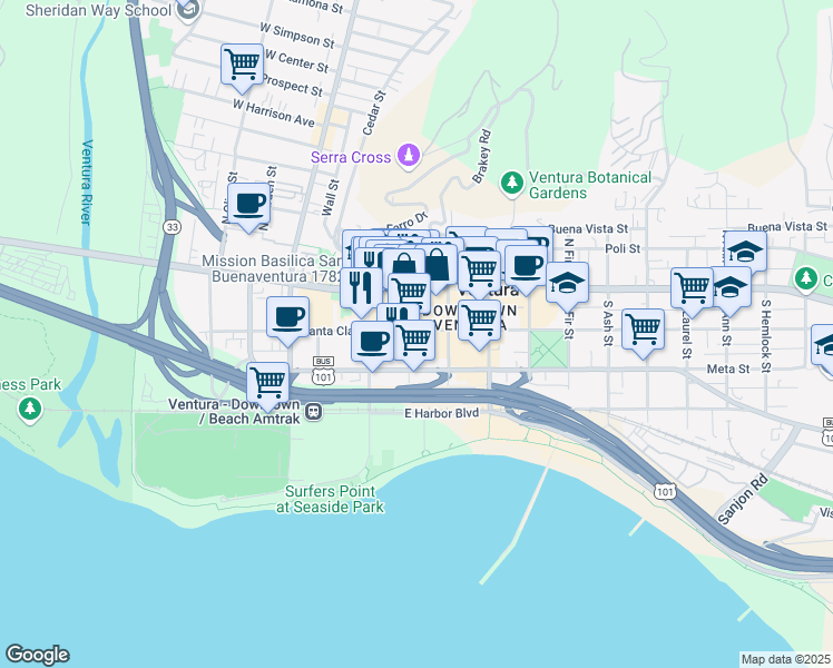 map of restaurants, bars, coffee shops, grocery stores, and more near 137 South Palm Street in Ventura