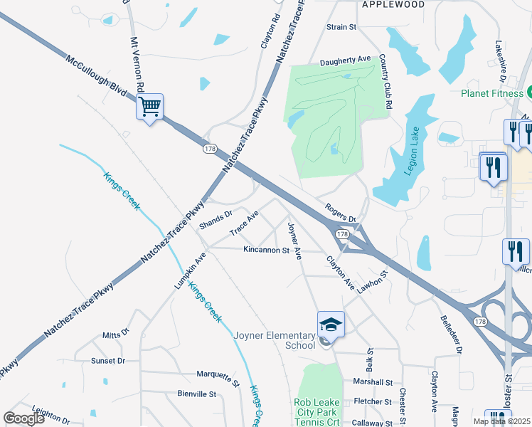 map of restaurants, bars, coffee shops, grocery stores, and more near 1800-1898 Trace Avenue in Tupelo