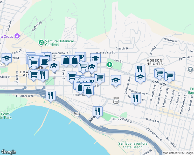 map of restaurants, bars, coffee shops, grocery stores, and more near 1164 East Santa Clara Street in Ventura