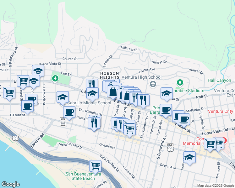map of restaurants, bars, coffee shops, grocery stores, and more near 62 North Pacific Avenue in Ventura