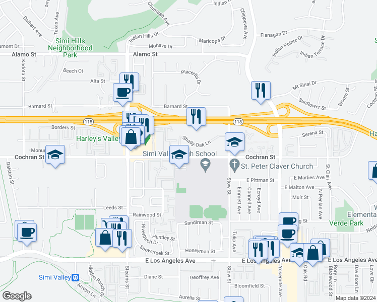 map of restaurants, bars, coffee shops, grocery stores, and more near 5459 Cochran Street in Simi Valley