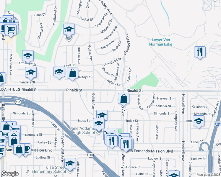 map of restaurants, bars, coffee shops, grocery stores, and more near 11502 Valjean Avenue in Los Angeles