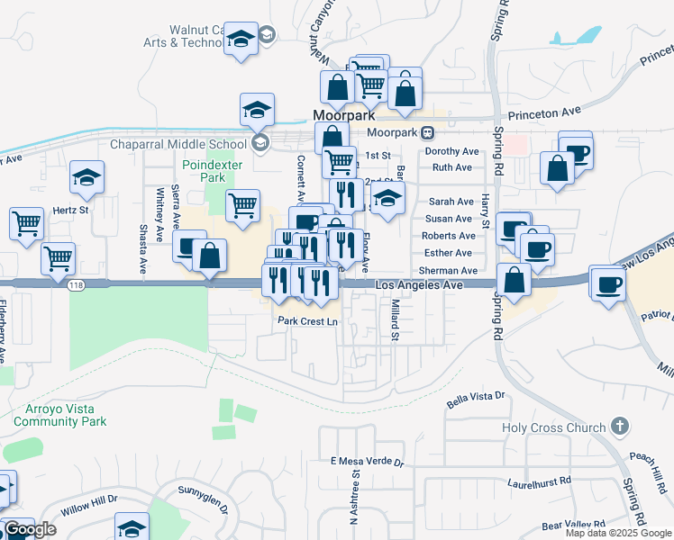 map of restaurants, bars, coffee shops, grocery stores, and more near 1 Los Angeles Avenue in Moorpark