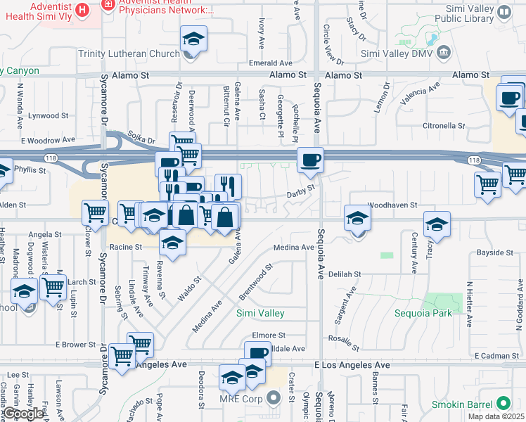 map of restaurants, bars, coffee shops, grocery stores, and more near 3234 Darby Street in Simi Valley