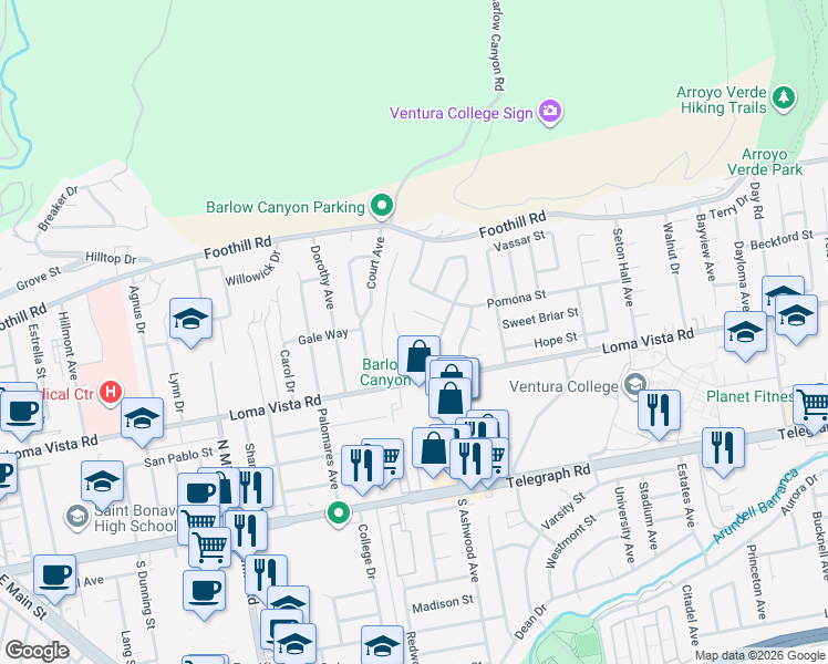 map of restaurants, bars, coffee shops, grocery stores, and more near 4071 Doane Street in Ventura