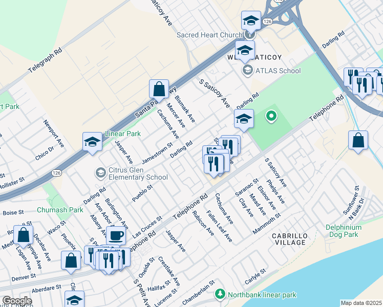 map of restaurants, bars, coffee shops, grocery stores, and more near 10215 Alexandria Street in Ventura