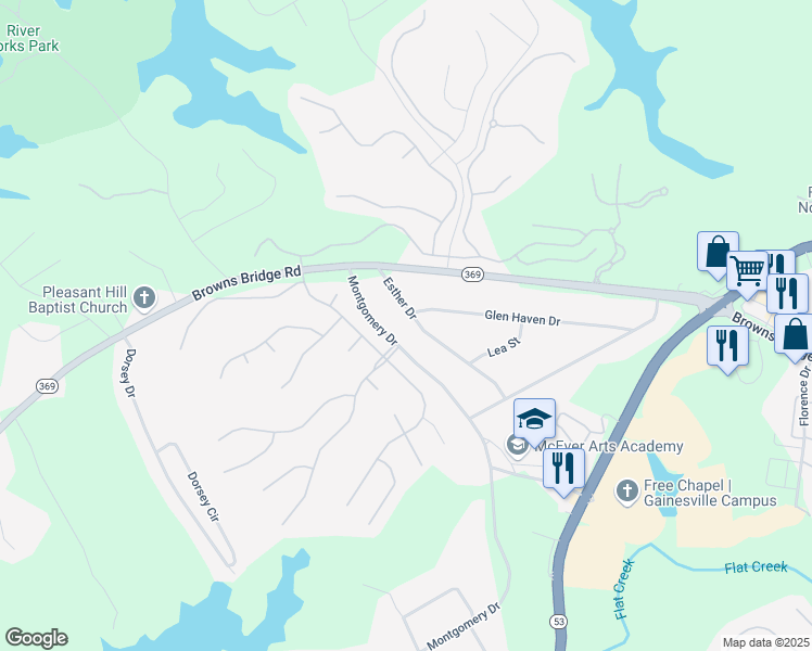 map of restaurants, bars, coffee shops, grocery stores, and more near 3120 Esther Drive in Gainesville