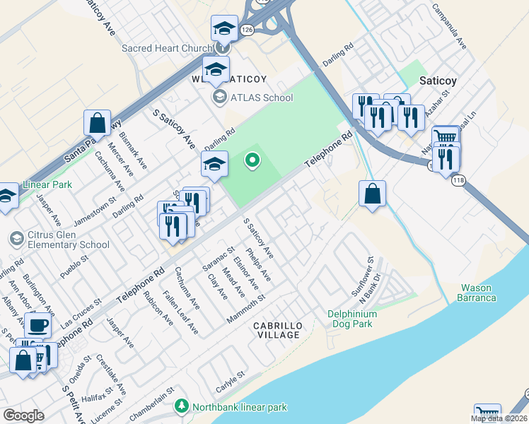 map of restaurants, bars, coffee shops, grocery stores, and more near 1209 Honeysuckle Avenue in Ventura