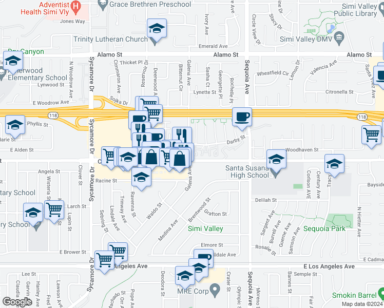 map of restaurants, bars, coffee shops, grocery stores, and more near 3168 Darby Street in Simi Valley