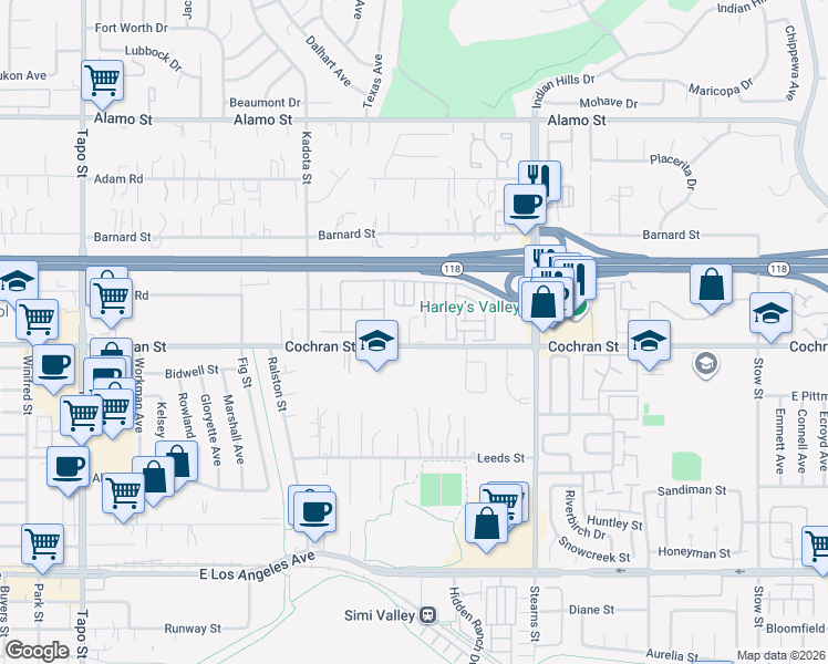 map of restaurants, bars, coffee shops, grocery stores, and more near 4989 Cochran Street in Simi Valley