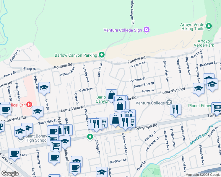 map of restaurants, bars, coffee shops, grocery stores, and more near 4071 Doane Street in Ventura