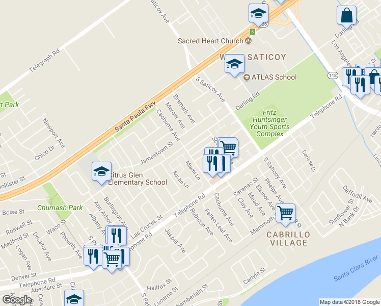 map of restaurants, bars, coffee shops, grocery stores, and more near 10215 Alexandria Street in Ventura