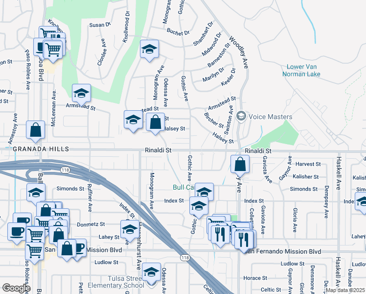 map of restaurants, bars, coffee shops, grocery stores, and more near 16407 Rinaldi Street in Los Angeles