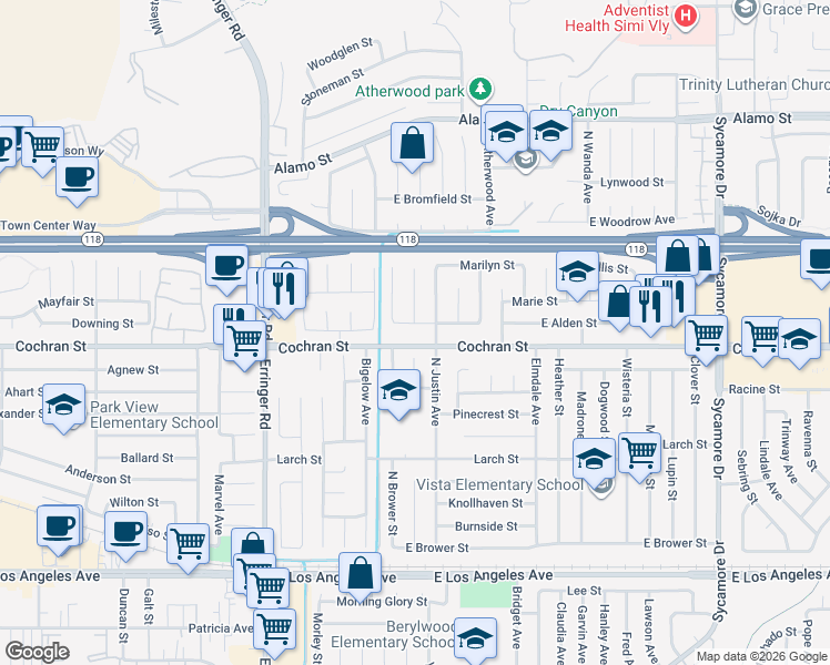 map of restaurants, bars, coffee shops, grocery stores, and more near 2190 Hawk Street in Simi Valley