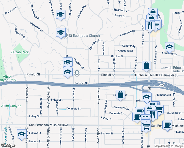 map of restaurants, bars, coffee shops, grocery stores, and more near 17333 Rinaldi Street in Los Angeles
