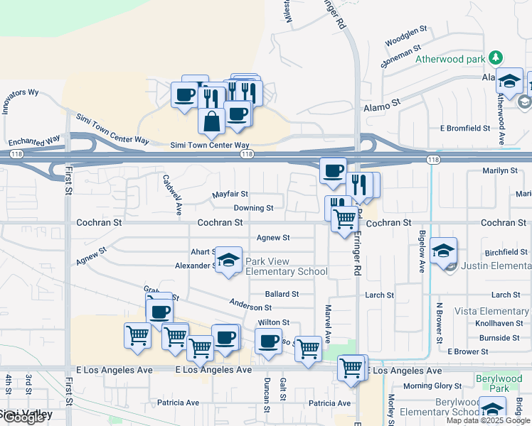 map of restaurants, bars, coffee shops, grocery stores, and more near 1650 Downing Street in Simi Valley