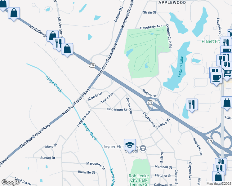 map of restaurants, bars, coffee shops, grocery stores, and more near 1800 Trace Avenue in Tupelo