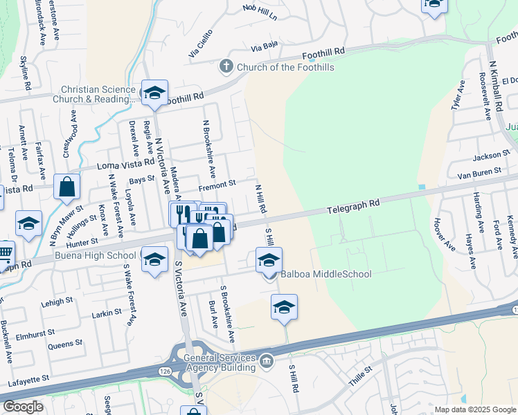 map of restaurants, bars, coffee shops, grocery stores, and more near 6363 Hunter Street in Ventura
