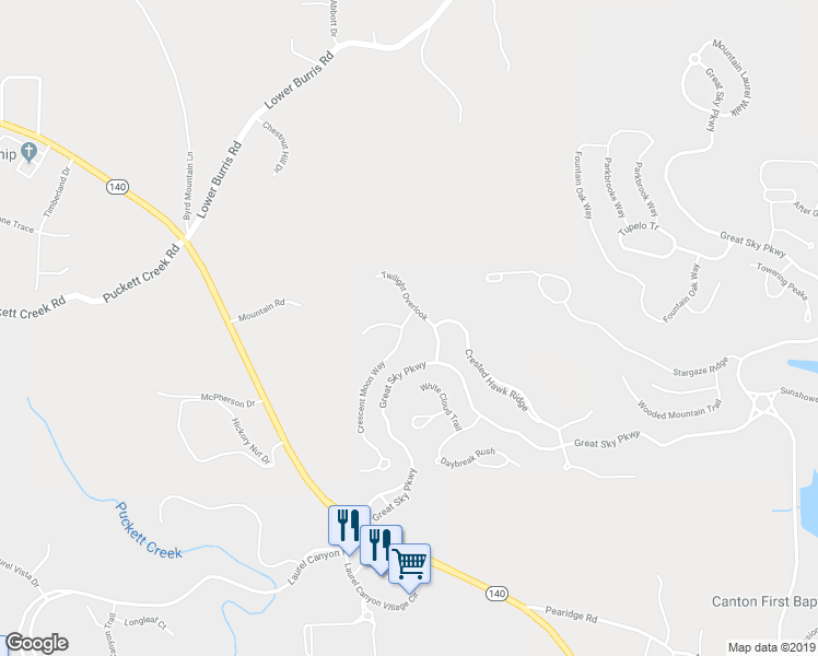 map of restaurants, bars, coffee shops, grocery stores, and more near 203 Crescent Moon Way in Canton