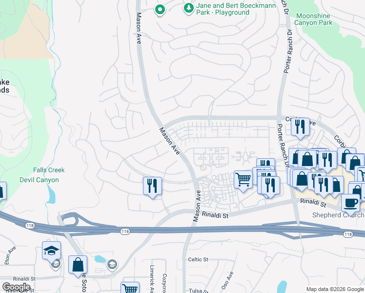 map of restaurants, bars, coffee shops, grocery stores, and more near 20322 Pienza Lane in Los Angeles