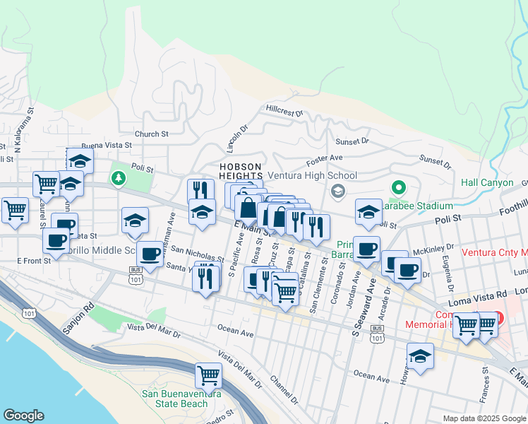 map of restaurants, bars, coffee shops, grocery stores, and more near 75 North Santa Rosa Street in Ventura