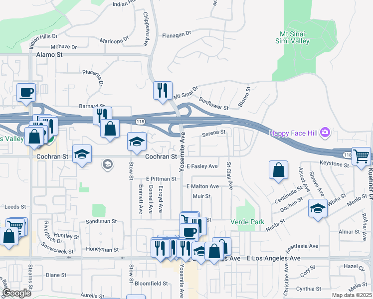 map of restaurants, bars, coffee shops, grocery stores, and more near 5813 Cochran Street in Simi Valley
