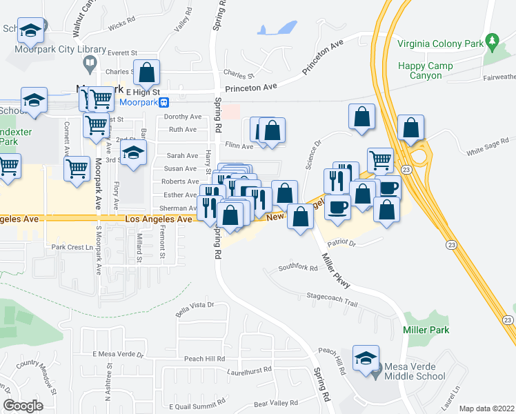 map of restaurants, bars, coffee shops, grocery stores, and more near 689 East Los Angeles Avenue in Moorpark