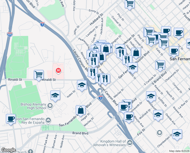 map of restaurants, bars, coffee shops, grocery stores, and more near 11522 Laurel Canyon Boulevard in San Fernando