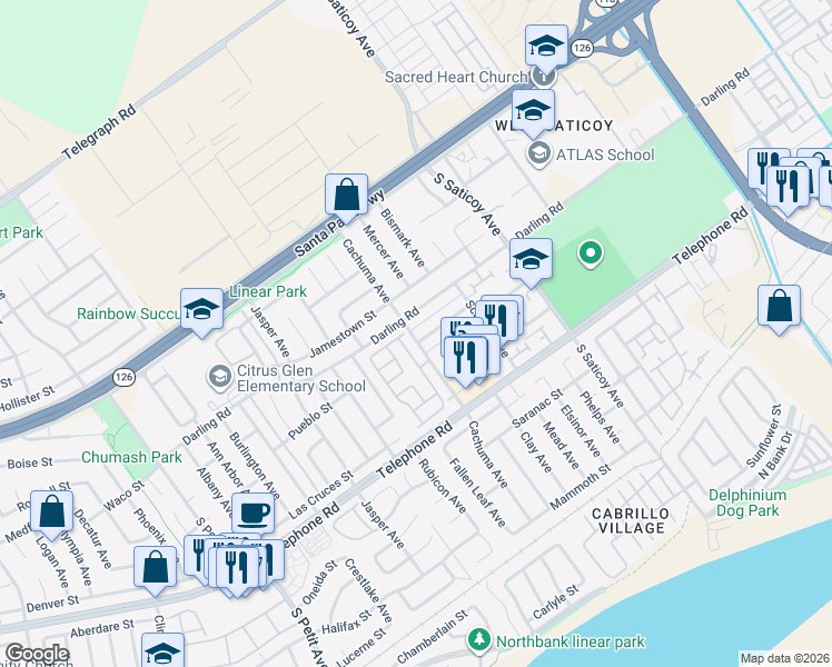 map of restaurants, bars, coffee shops, grocery stores, and more near 10215 Alexandria Street in Ventura