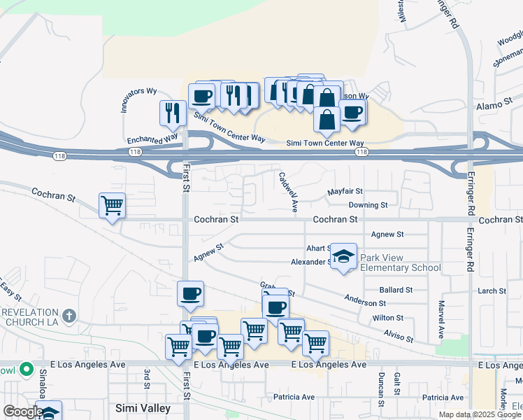 map of restaurants, bars, coffee shops, grocery stores, and more near 1307 Casmalia Ct in Simi Valley