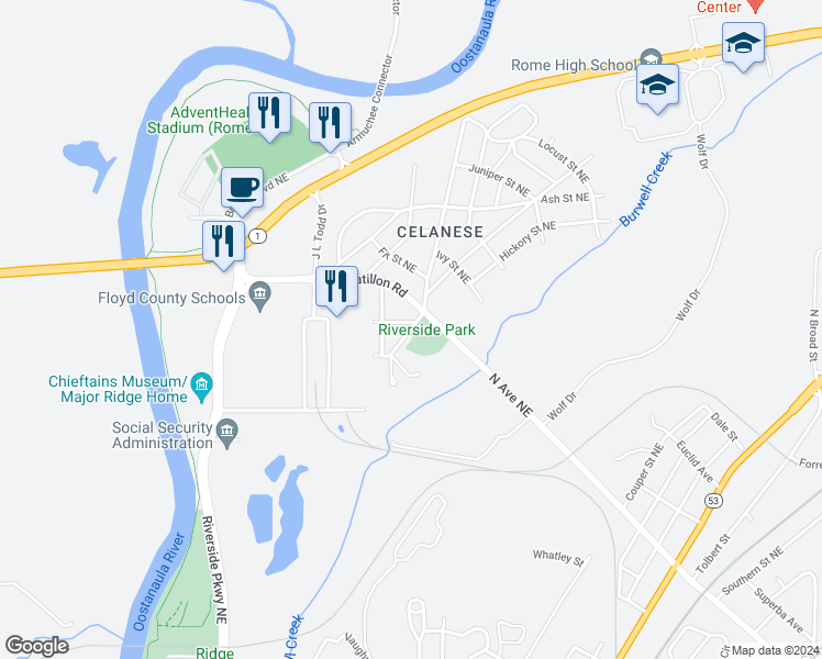 map of restaurants, bars, coffee shops, grocery stores, and more near 17 Redwood Street Northeast in Rome