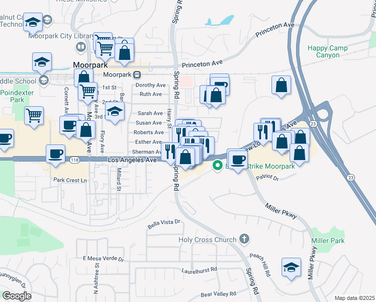 map of restaurants, bars, coffee shops, grocery stores, and more near 549 New Los Angeles Avenue in Moorpark
