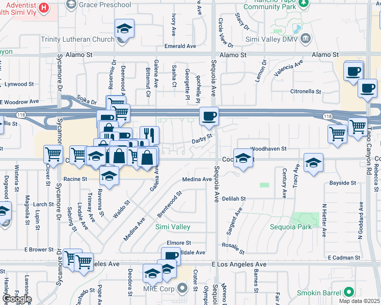map of restaurants, bars, coffee shops, grocery stores, and more near 3306 Darby Street in Simi Valley