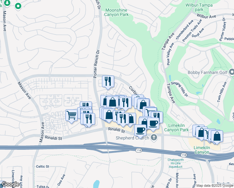 map of restaurants, bars, coffee shops, grocery stores, and more near 11480 Autumn Glen Court in Los Angeles