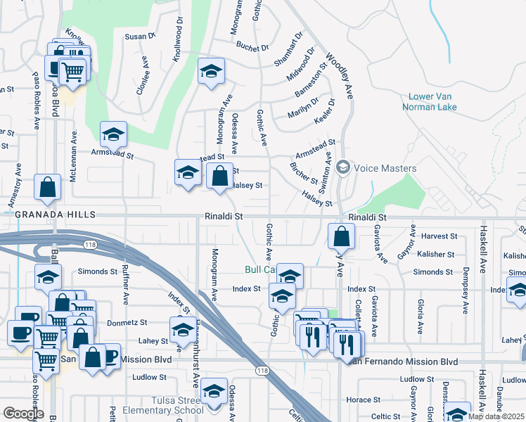 map of restaurants, bars, coffee shops, grocery stores, and more near 16407 Rinaldi Street in Los Angeles