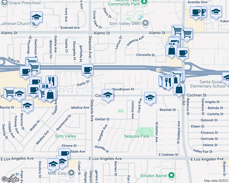 map of restaurants, bars, coffee shops, grocery stores, and more near 3550 Woodhaven Street in Simi Valley