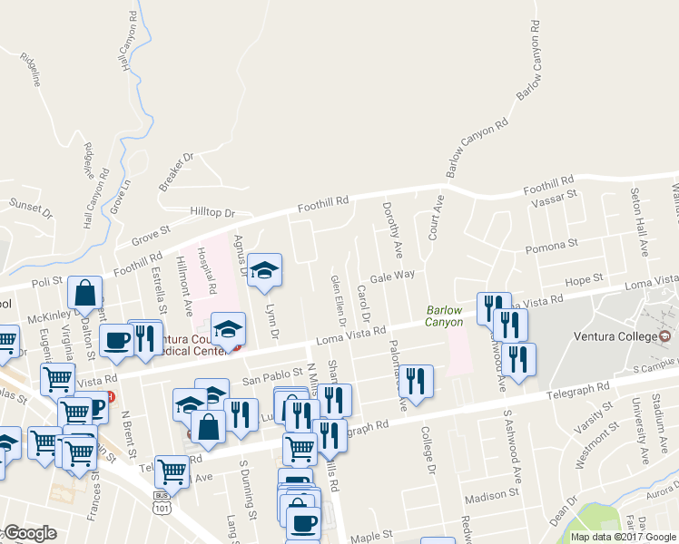 map of restaurants, bars, coffee shops, grocery stores, and more near 318 Glen Ellen Dr in Ventura