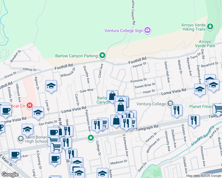 map of restaurants, bars, coffee shops, grocery stores, and more near 4071 Doane Street in Ventura