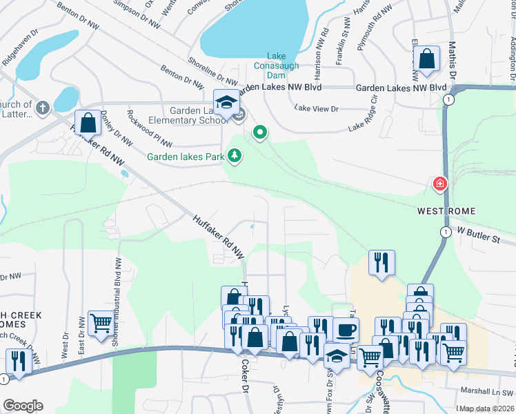 map of restaurants, bars, coffee shops, grocery stores, and more near 68 Prescott Lane Northwest in Rome