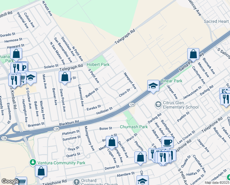 map of restaurants, bars, coffee shops, grocery stores, and more near 285 El Monte Avenue in Ventura