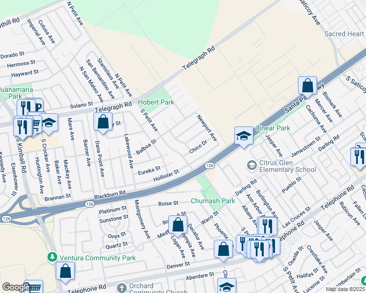 map of restaurants, bars, coffee shops, grocery stores, and more near 285 El Monte Avenue in Ventura