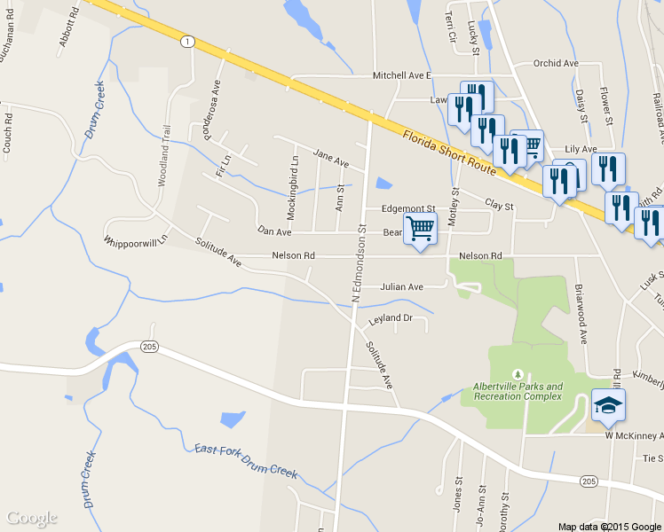 map of restaurants, bars, coffee shops, grocery stores, and more near 1106 Nelson Road in Albertville