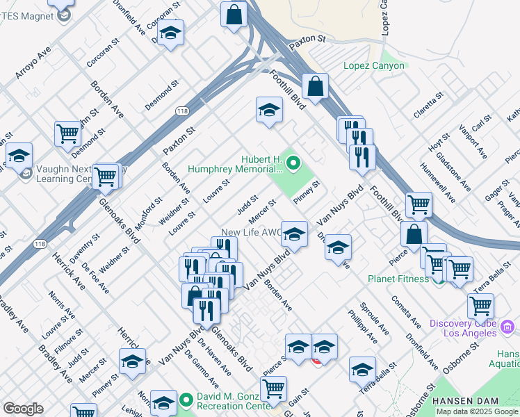 map of restaurants, bars, coffee shops, grocery stores, and more near 12617 Mercer St in Los Angeles
