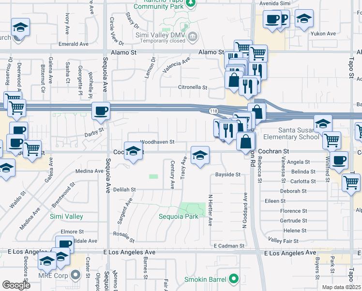 map of restaurants, bars, coffee shops, grocery stores, and more near 2414 Tracy Avenue in Simi Valley