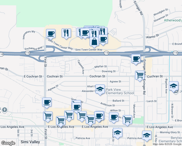 map of restaurants, bars, coffee shops, grocery stores, and more near 2433 Pocomoke Court in Simi Valley