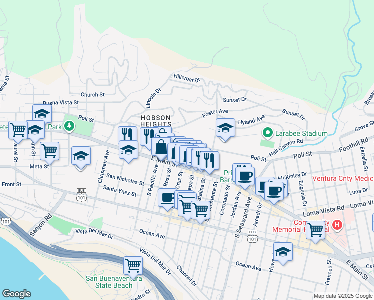map of restaurants, bars, coffee shops, grocery stores, and more near 95 North Santa Cruz Street in Ventura